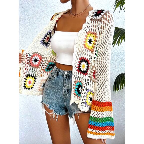 Retro Crochet Open Front Long Sleeve Boho Cardigan Beige size S (4) - Picture 1 of 6